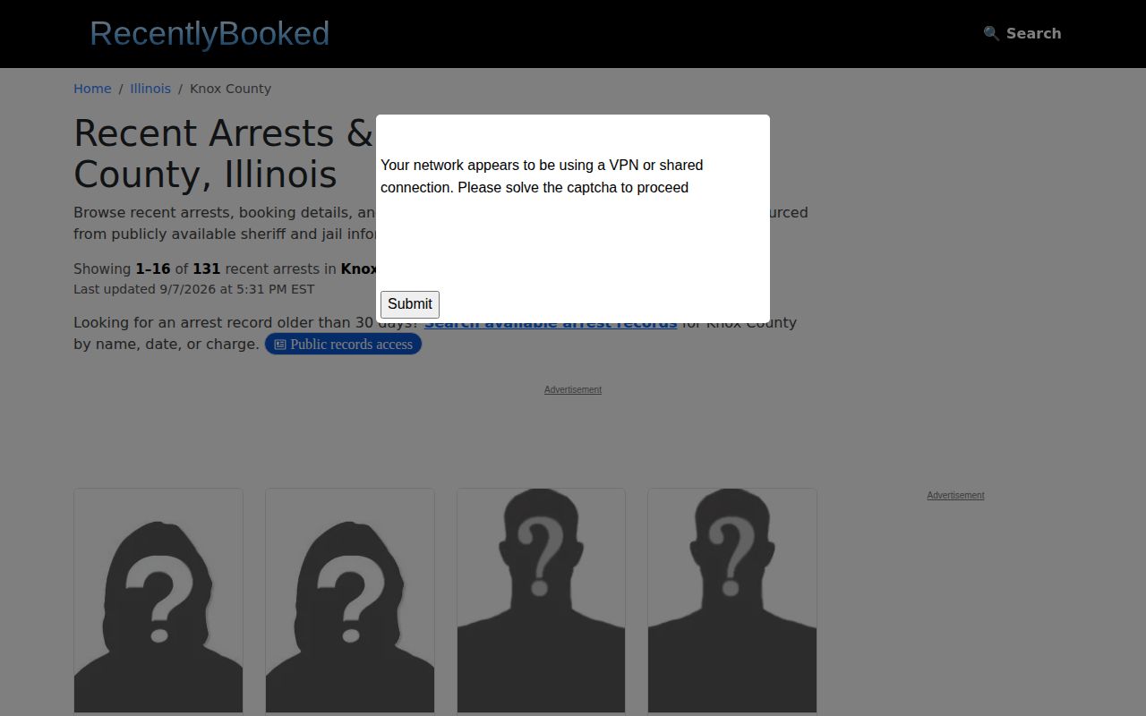RecentlyBooked unofficial Knox County recent arrests window without county mugshot images