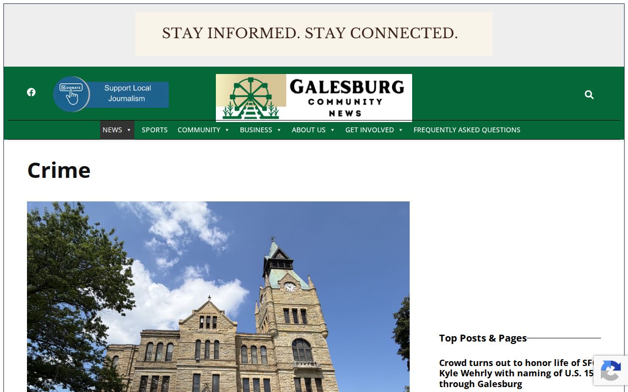 Galesburg Community News crime page showing police blotter and court report links