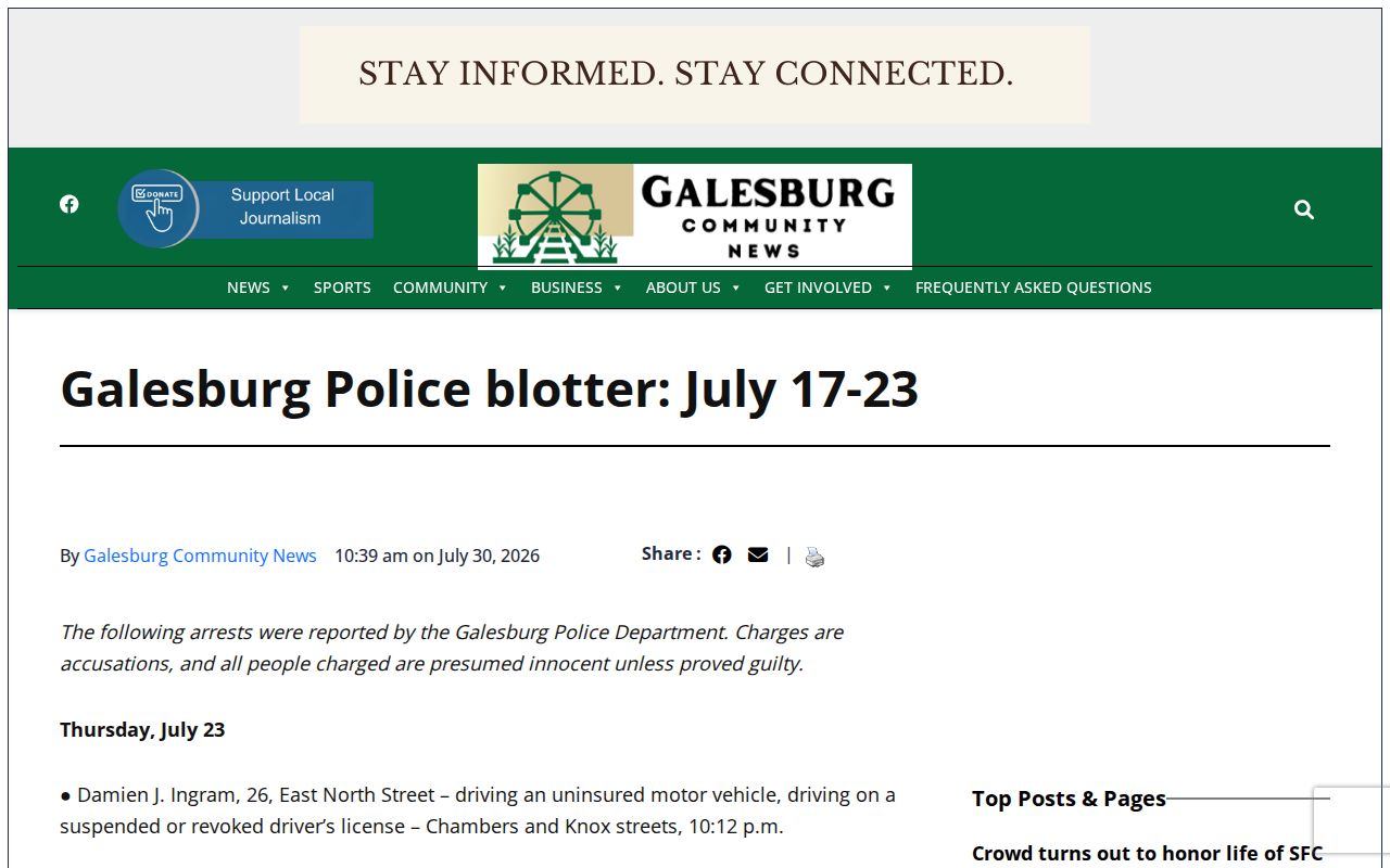 Galesburg Community News weekly police blotter page for Knox County arrest reporting
