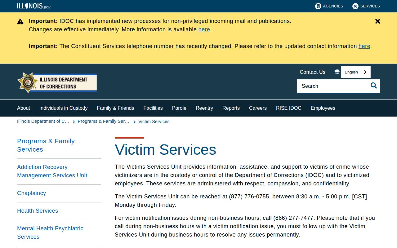 Illinois Department of Corrections victim services and VINE information